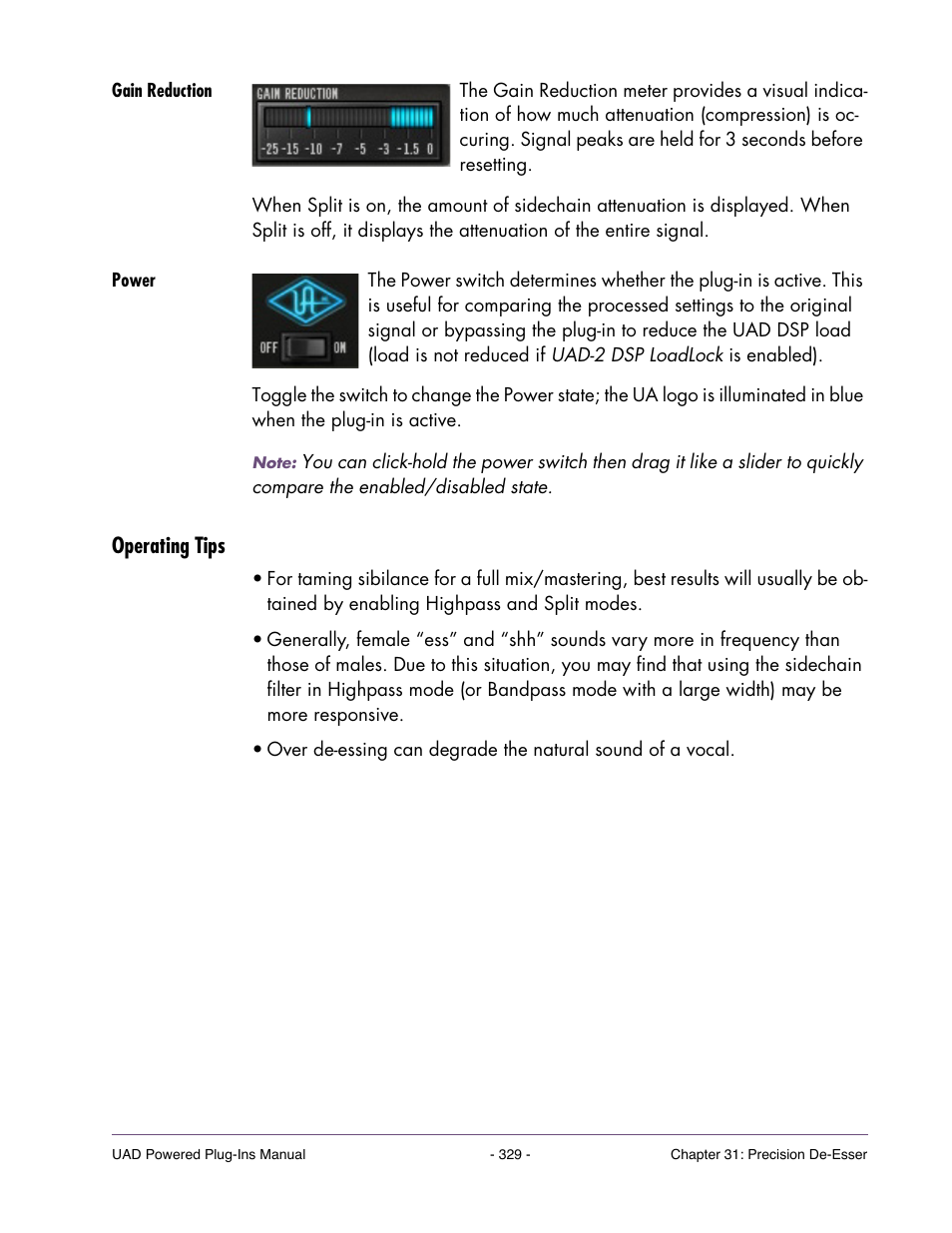 Gain reduction, Power, Operating tips | Universal Audio UAD Plug-Ins ver.7.5 User Manual | Page 329 / 512