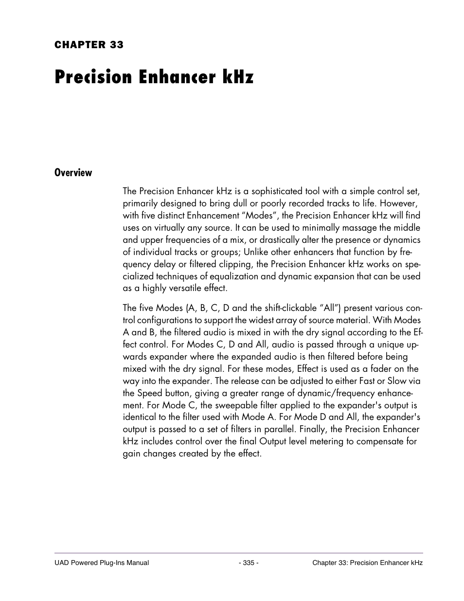 Precision enhancer khz, Overview, Chapter 33. precision enhancer khz | Universal Audio UAD Plug-Ins ver.7.5 User Manual | Page 335 / 512