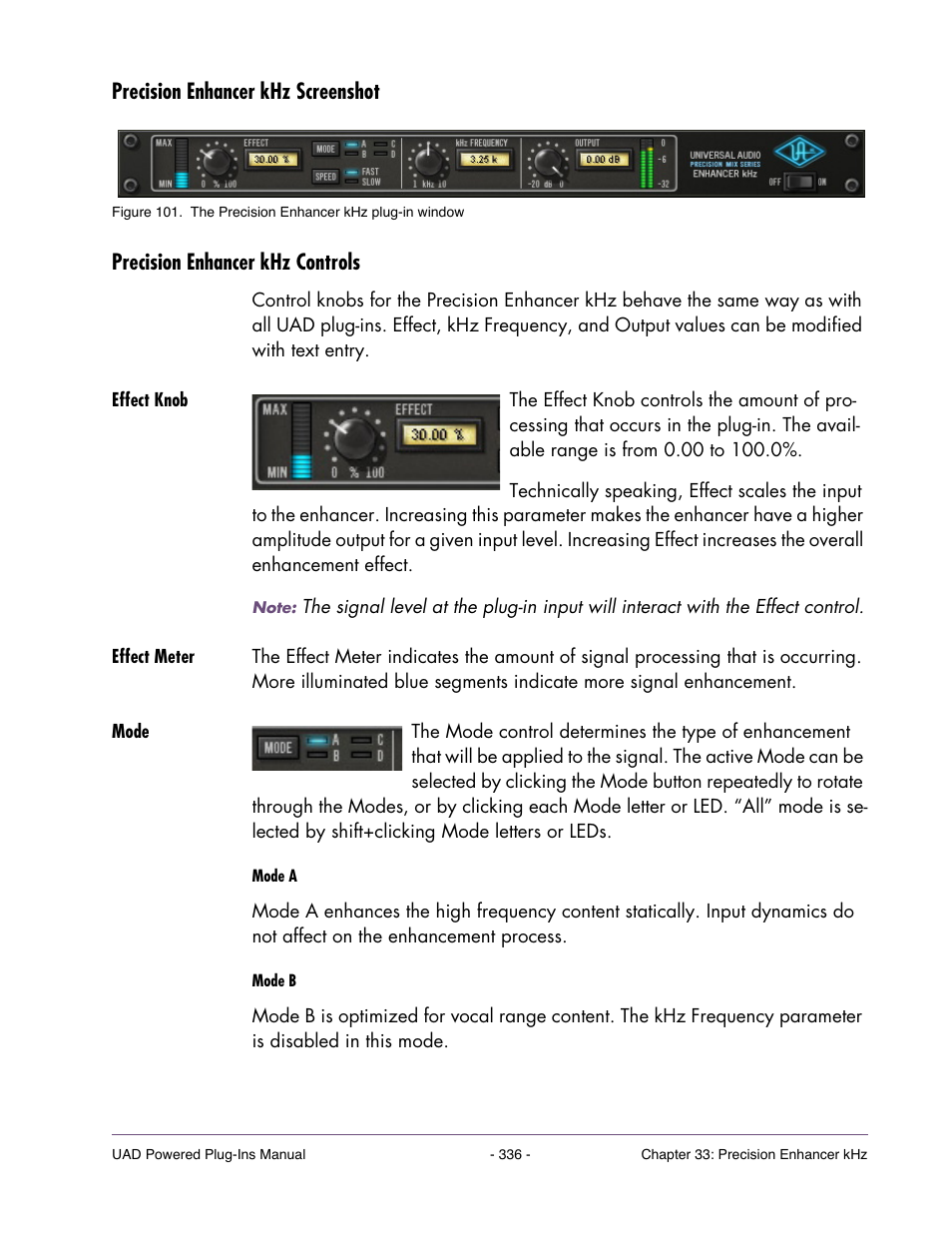 Precision enhancer khz screenshot, Precision enhancer khz controls, Effect knob | Effect meter, Mode | Universal Audio UAD Plug-Ins ver.7.5 User Manual | Page 336 / 512
