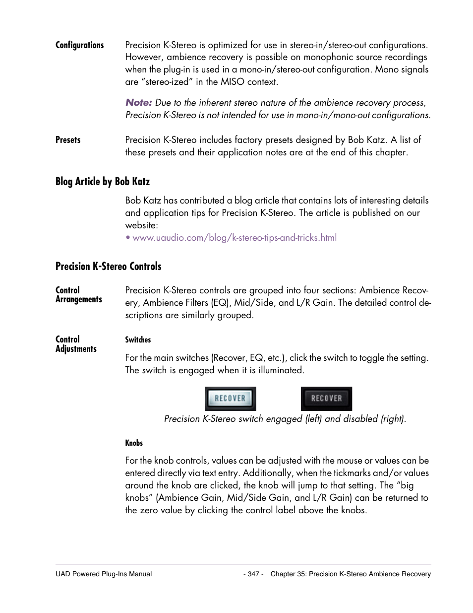 Configurations, Presets, Blog article by bob katz | Precision k-stereo controls, Control arrangements, Control adjustments | Universal Audio UAD Plug-Ins ver.7.5 User Manual | Page 347 / 512