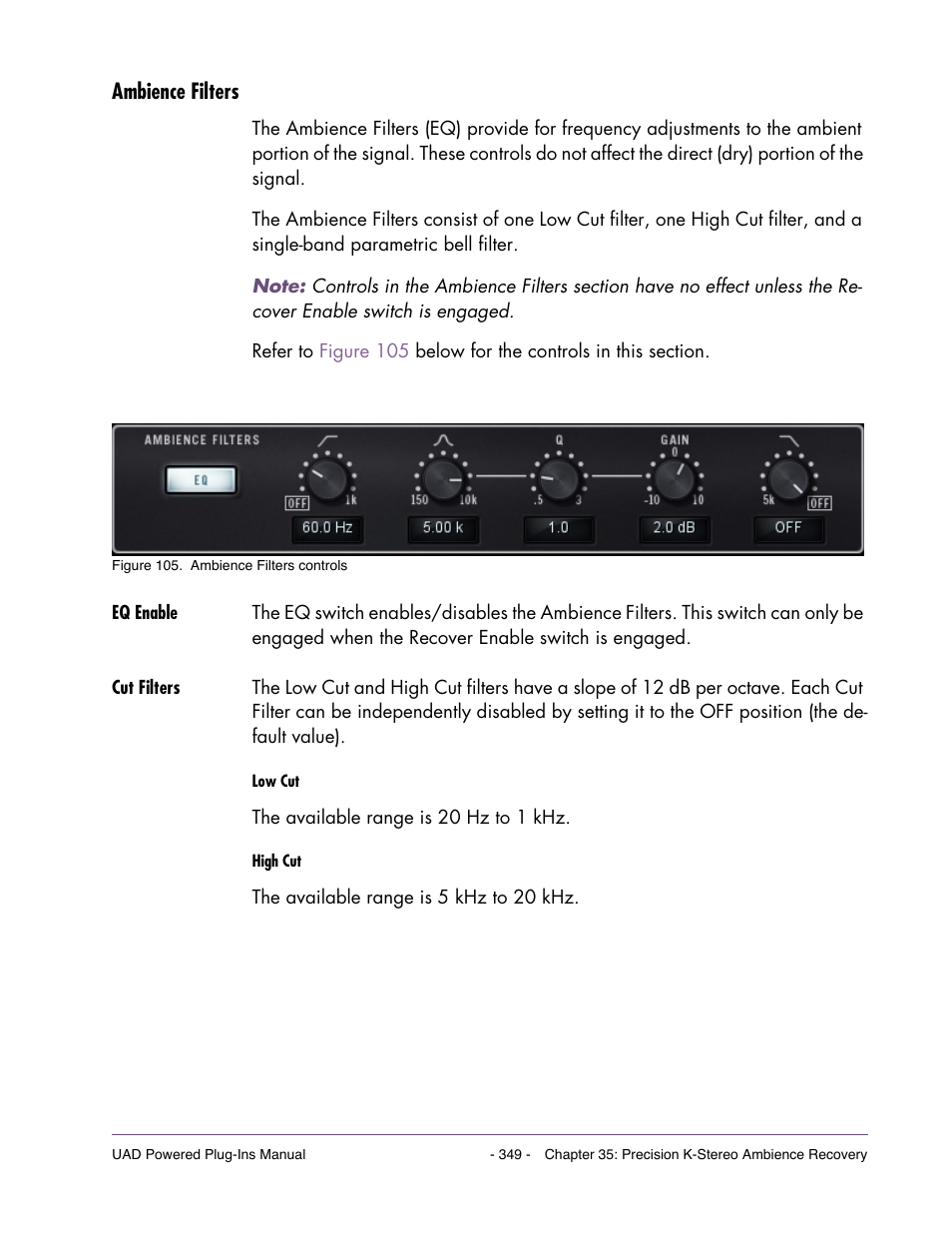 Ambience filters, Eq enable, Cut filters | Universal Audio UAD Plug-Ins ver.7.5 User Manual | Page 349 / 512