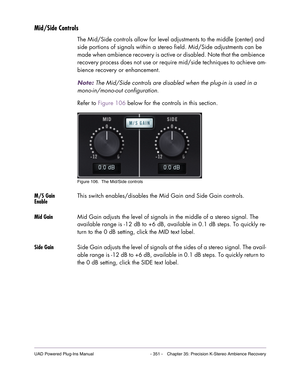 Mid/side controls, M/s gain enable, Mid gain | Side gain | Universal Audio UAD Plug-Ins ver.7.5 User Manual | Page 351 / 512