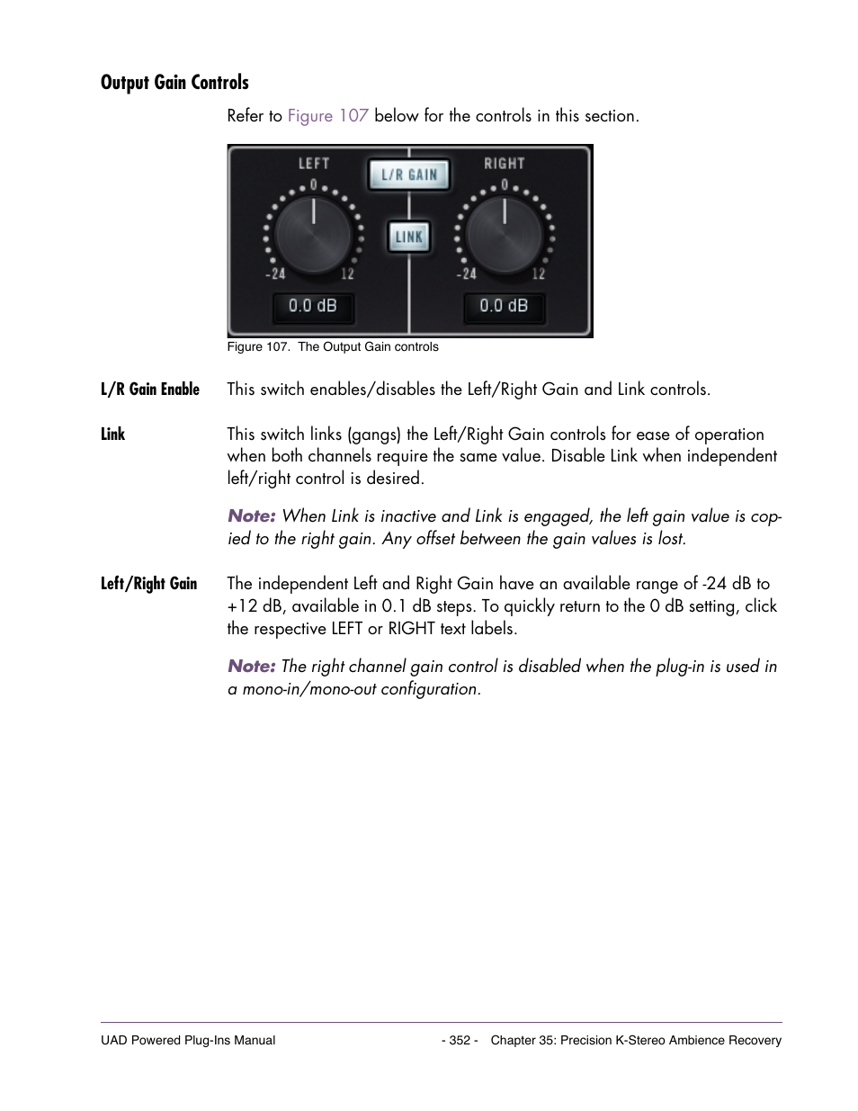 Output gain controls, L/r gain enable, Link | Left/right gain | Universal Audio UAD Plug-Ins ver.7.5 User Manual | Page 352 / 512