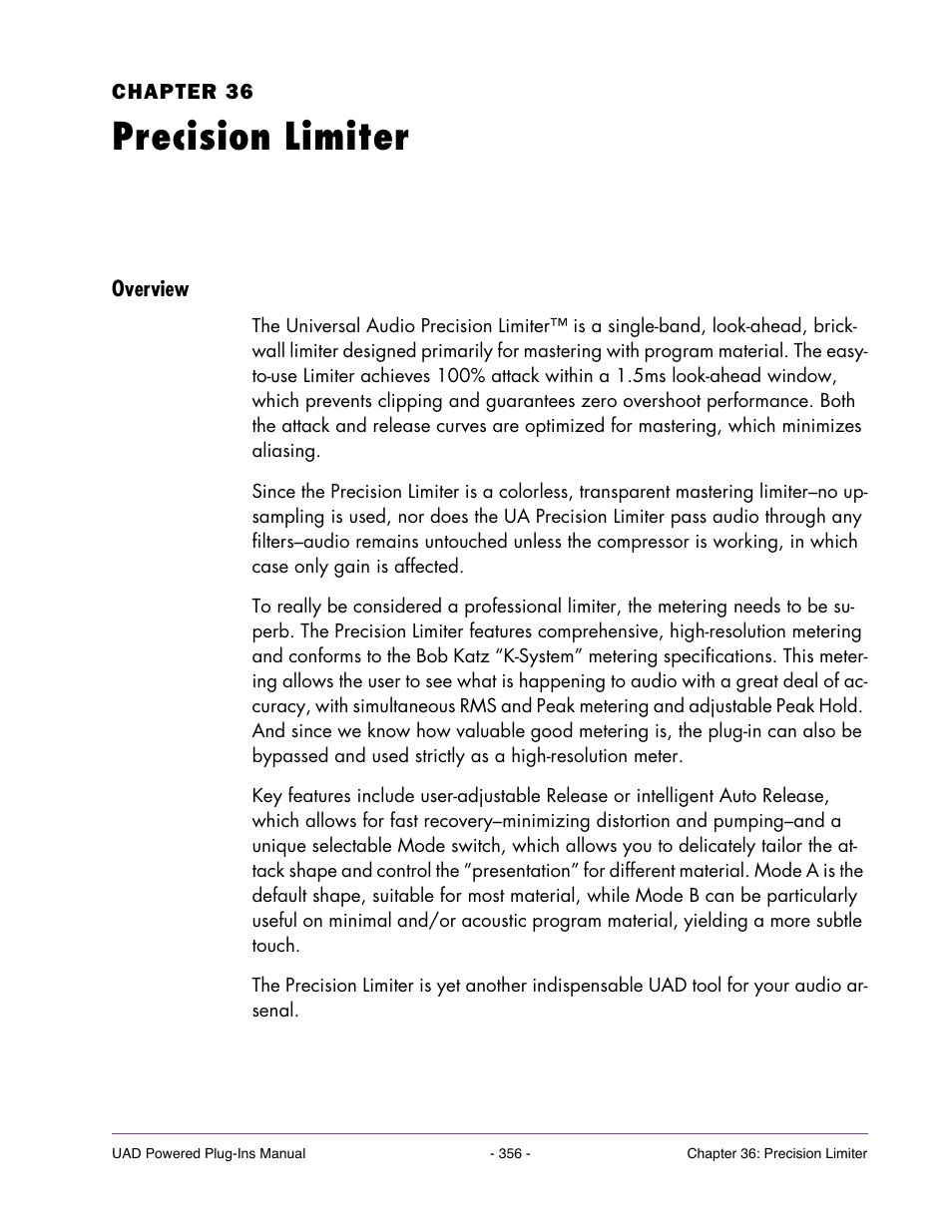 Precision limiter, Overview, Chapter 36. precision limiter | Universal Audio UAD Plug-Ins ver.7.5 User Manual | Page 356 / 512