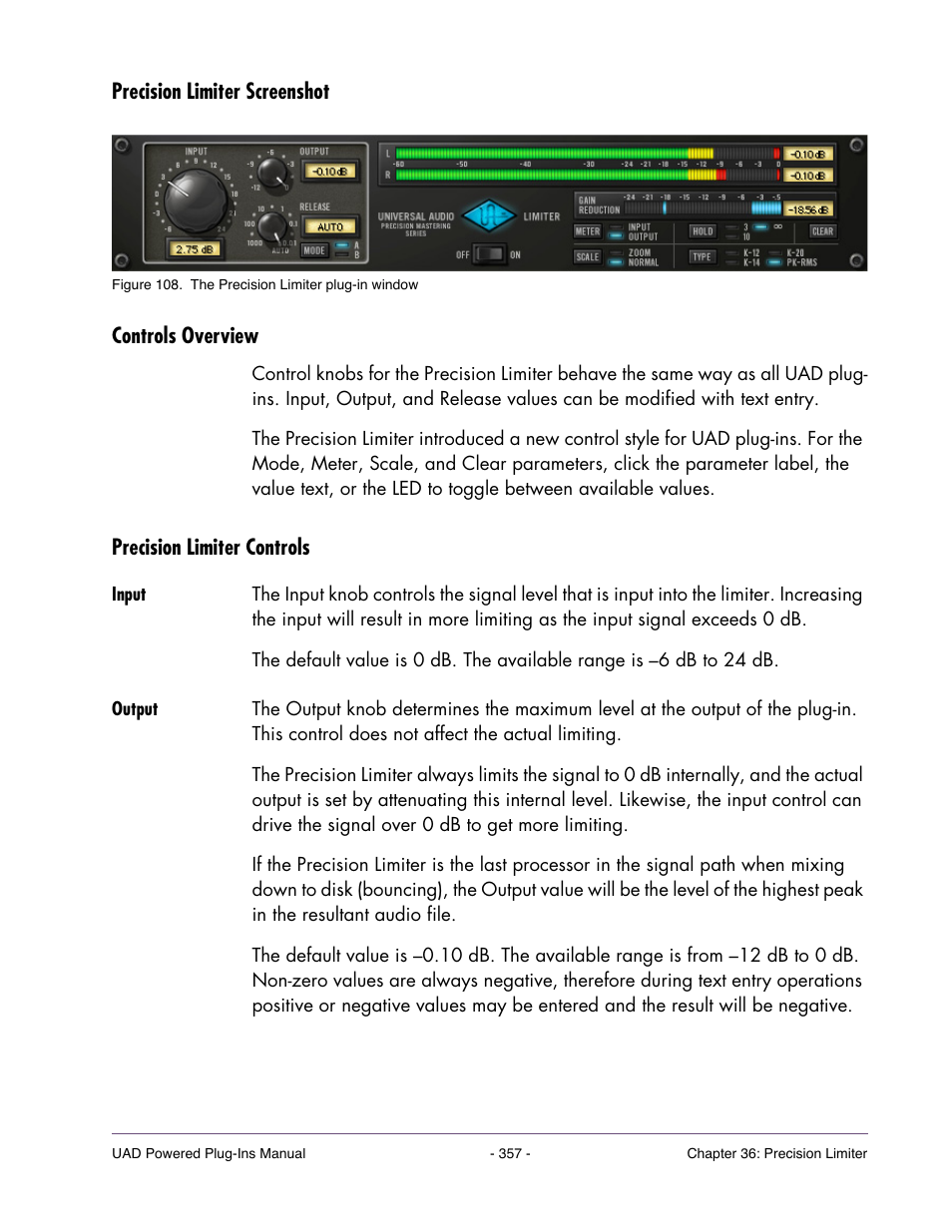 Precision limiter screenshot, Controls overview, Precision limiter controls | Input, Output | Universal Audio UAD Plug-Ins ver.7.5 User Manual | Page 357 / 512