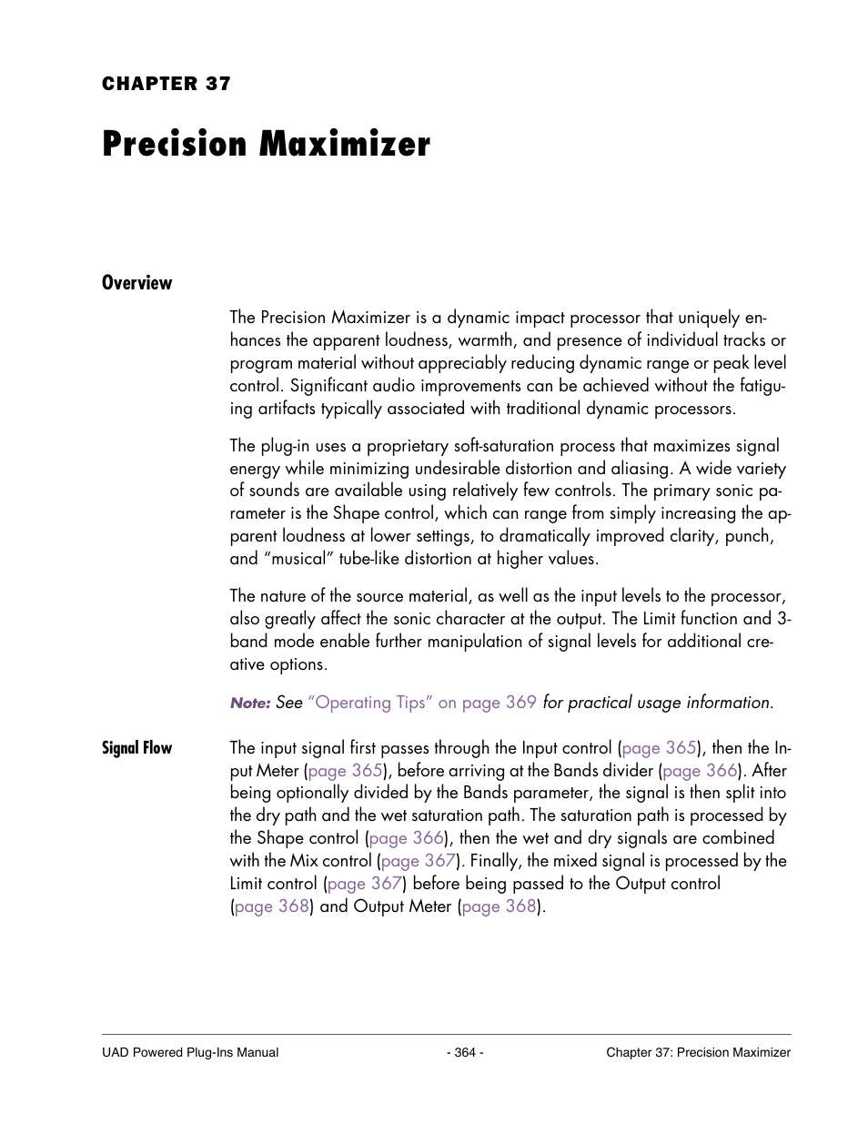 Precision maximizer, Overview, Signal flow | Chapter 37. precision maximizer | Universal Audio UAD Plug-Ins ver.7.5 User Manual | Page 364 / 512