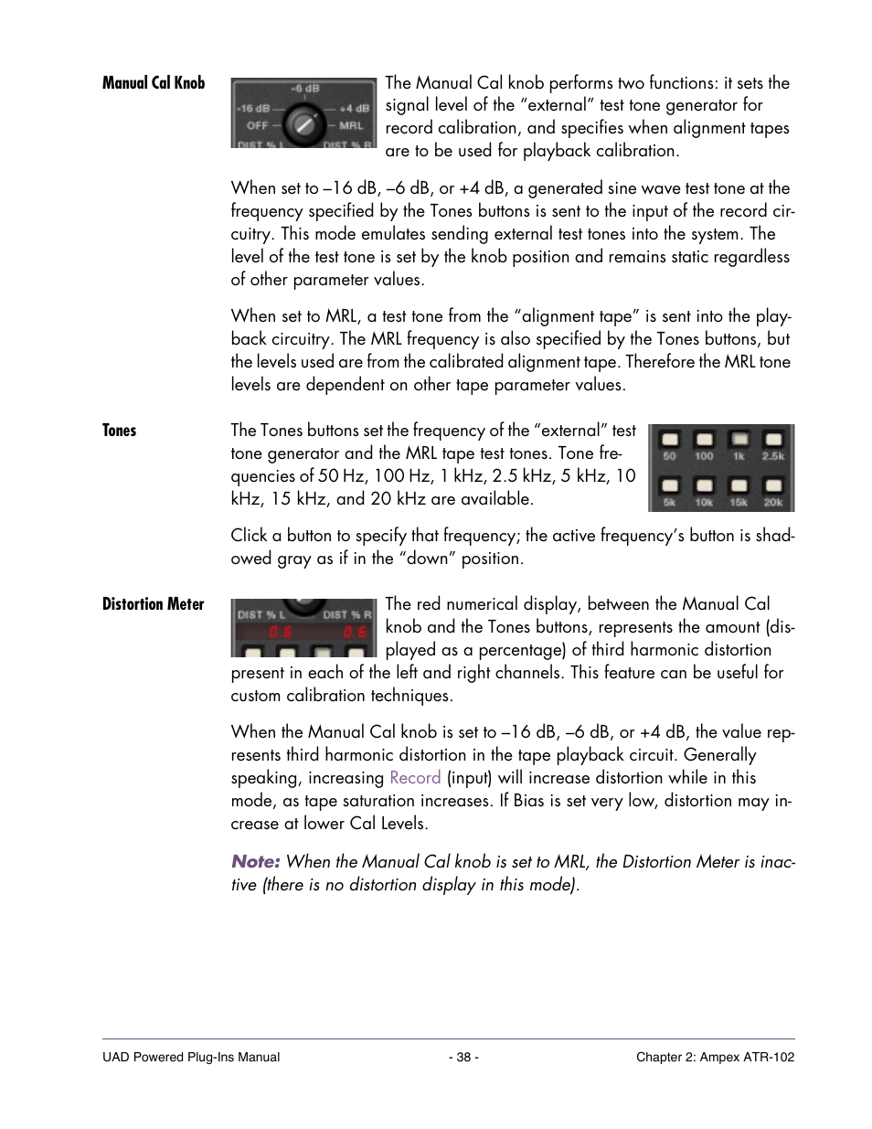 Manual cal knob, Tones, Distortion meter | Universal Audio UAD Plug-Ins ver.7.5 User Manual | Page 38 / 512