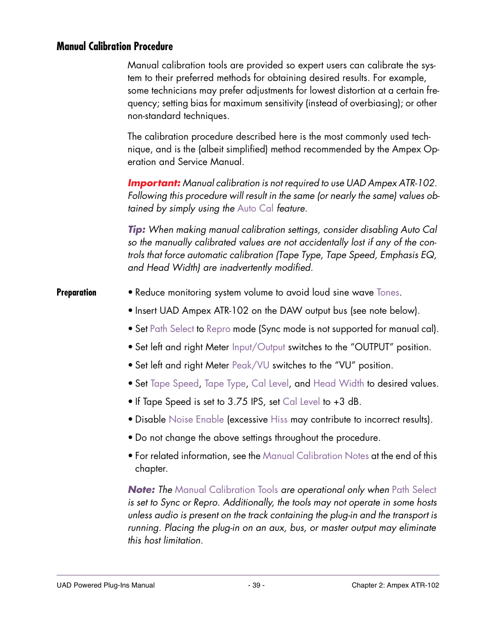 Manual calibration procedure, Preparation | Universal Audio UAD Plug-Ins ver.7.5 User Manual | Page 39 / 512