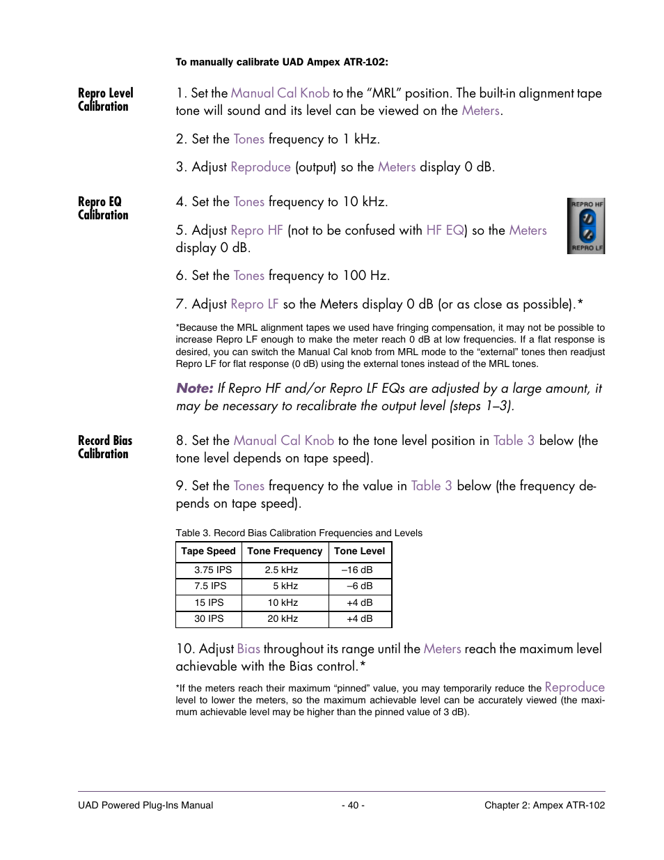 Repro level calibration, Repro eq calibration, Record bias calibration | Universal Audio UAD Plug-Ins ver.7.5 User Manual | Page 40 / 512