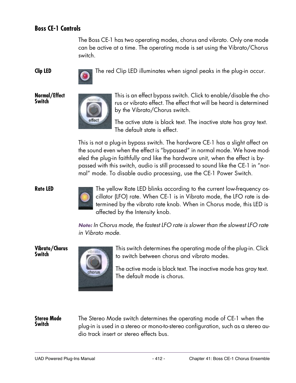 Boss ce-1 controls, Clip led, Normal/effect switch | Rate led, Vibrato/chorus switch, Stereo mode switch | Universal Audio UAD Plug-Ins ver.7.5 User Manual | Page 412 / 512