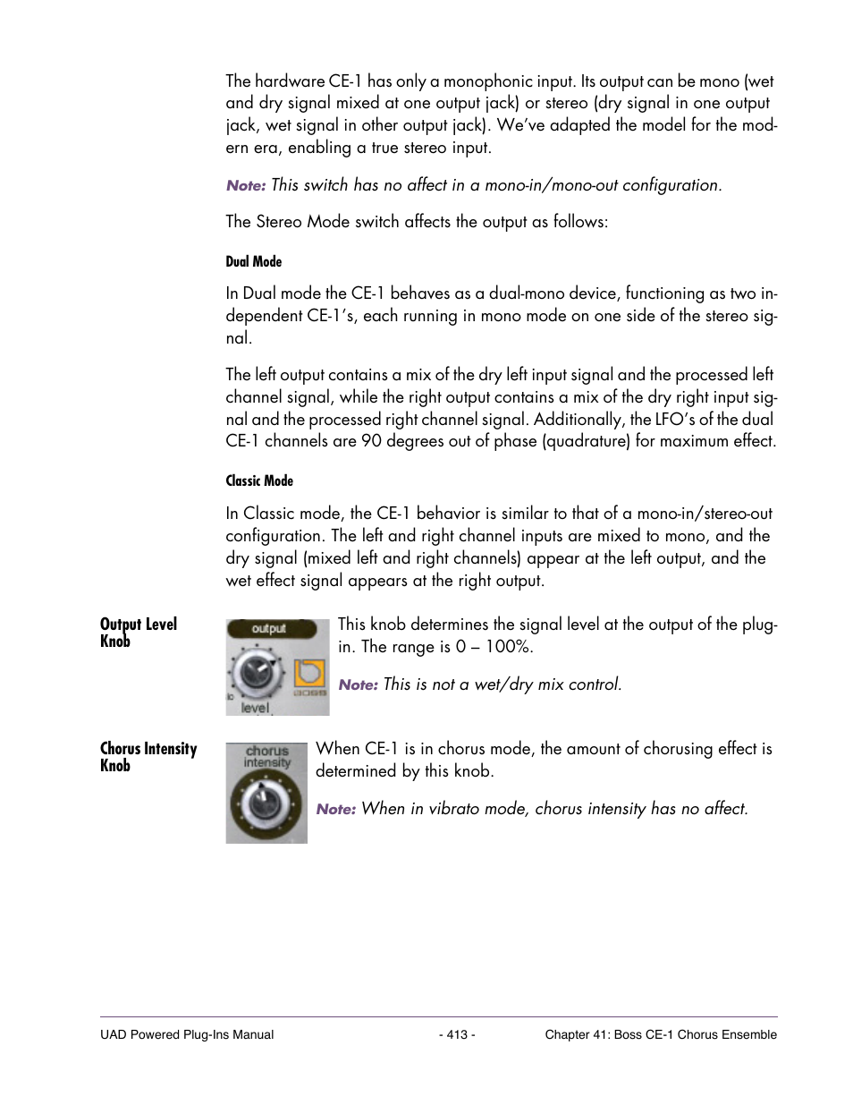 Output level knob, Chorus intensity knob | Universal Audio UAD Plug-Ins ver.7.5 User Manual | Page 413 / 512