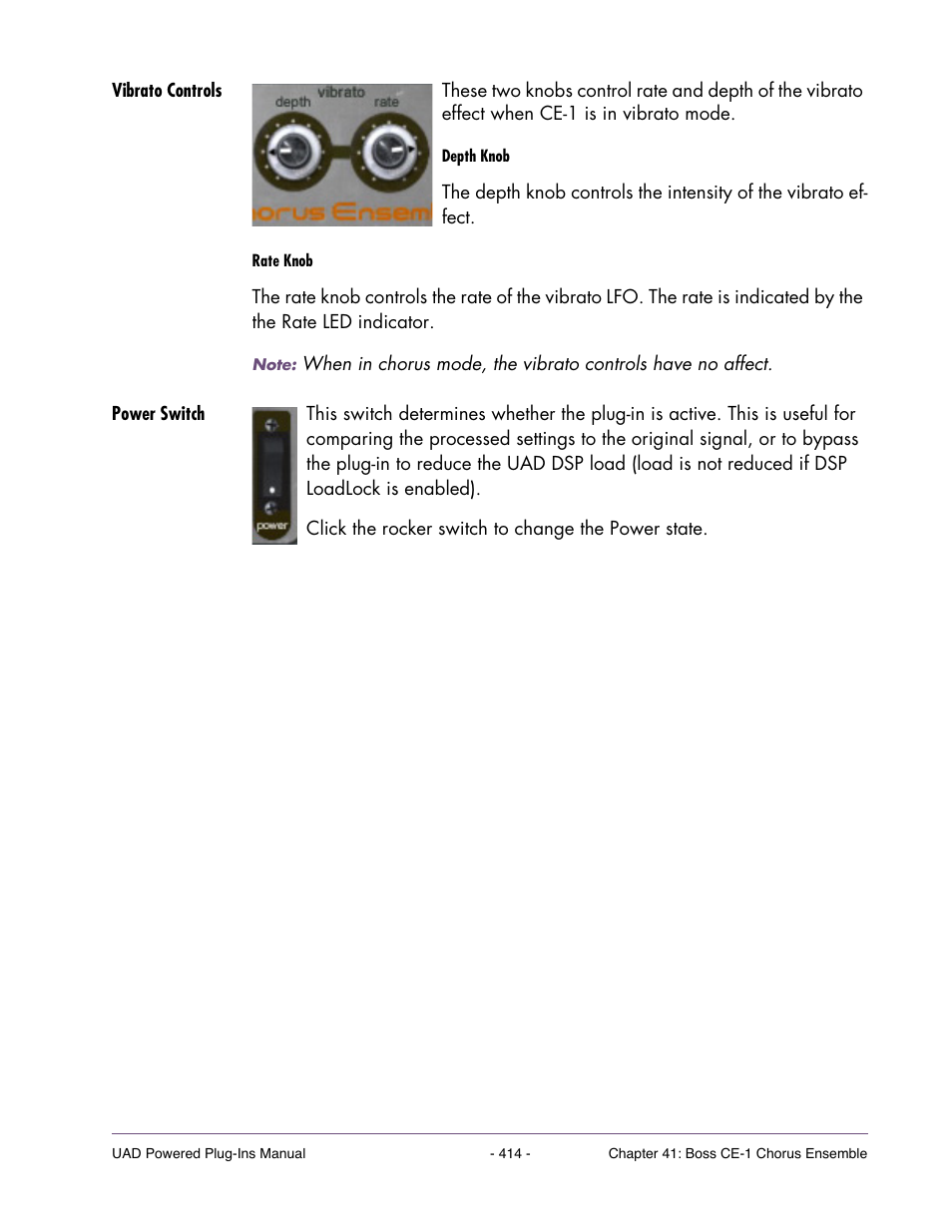 Vibrato controls, Power switch | Universal Audio UAD Plug-Ins ver.7.5 User Manual | Page 414 / 512