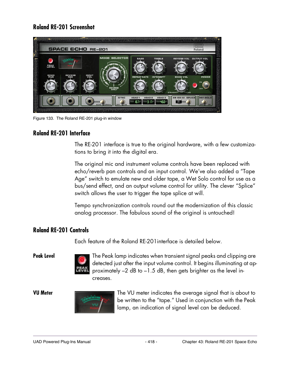 Roland re-201 screenshot, Roland re-201 interface, Roland re-201 controls | Peak level, Vu meter | Universal Audio UAD Plug-Ins ver.7.5 User Manual | Page 418 / 512