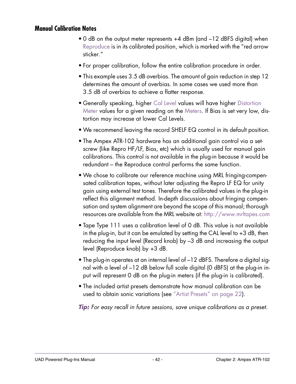 Manual calibration notes, Its maximum (for 3.5 db of overbias; see, In the next section | Universal Audio UAD Plug-Ins ver.7.5 User Manual | Page 42 / 512