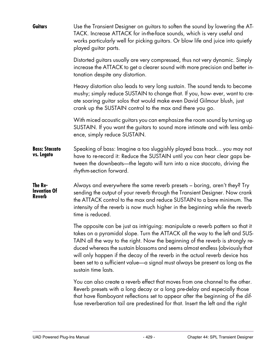 Guitars, Bass: staccato vs. legato, The re- invention of reverb | Universal Audio UAD Plug-Ins ver.7.5 User Manual | Page 429 / 512