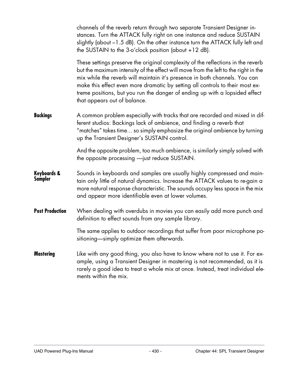 Backings, Keyboards & sampler, Post production | Mastering | Universal Audio UAD Plug-Ins ver.7.5 User Manual | Page 430 / 512