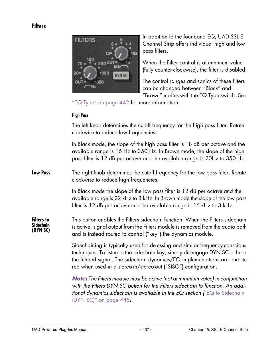 Filters, Low pass, Filters to sidechain (dyn sc) | Universal Audio UAD Plug-Ins ver.7.5 User Manual | Page 437 / 512