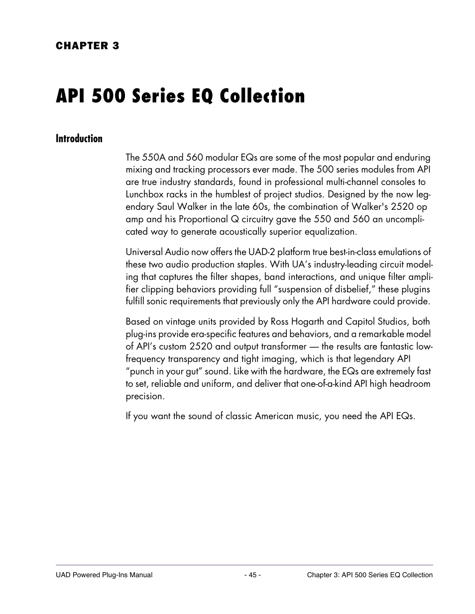 Api 500 series eq collection, Introduction, Chapter 3. api 500 series eq collection | Universal Audio UAD Plug-Ins ver.7.5 User Manual | Page 45 / 512