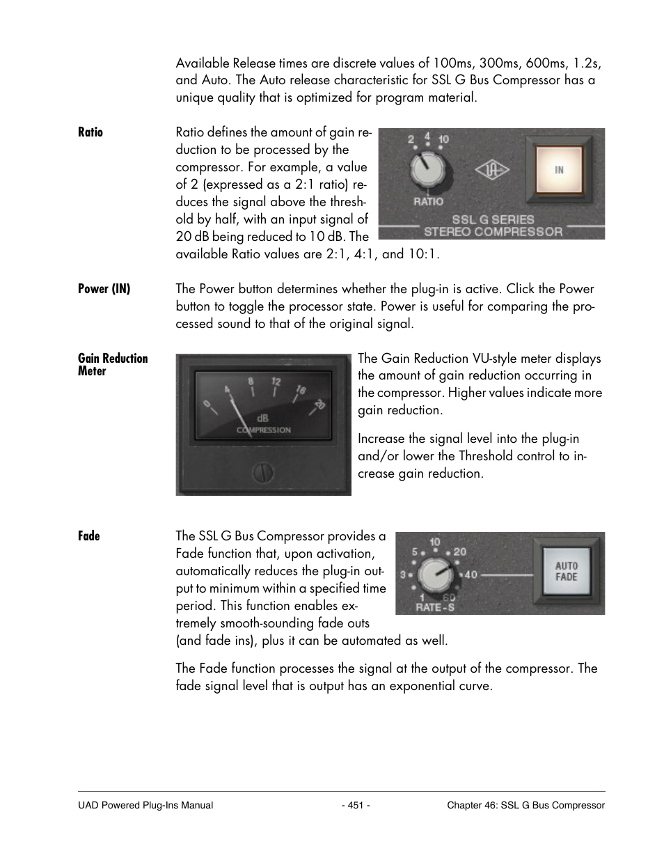 Ratio, Power (in), Gain reduction meter | Fade | Universal Audio UAD Plug-Ins ver.7.5 User Manual | Page 451 / 512