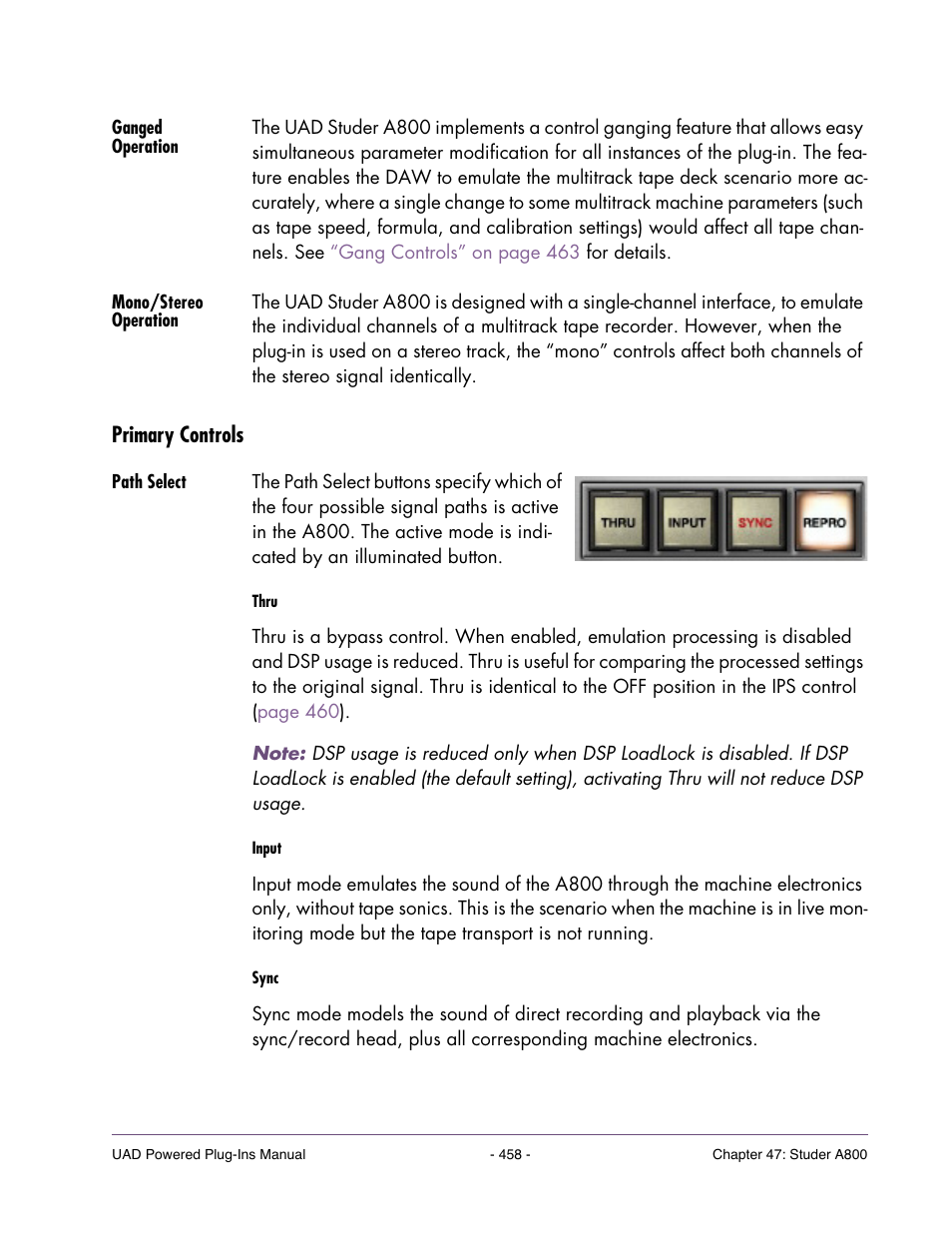 Ganged operation, Mono/stereo operation, Primary controls | Path select, For detailed descriptions of the parameters, see, Primary controls” on | Universal Audio UAD Plug-Ins ver.7.5 User Manual | Page 458 / 512