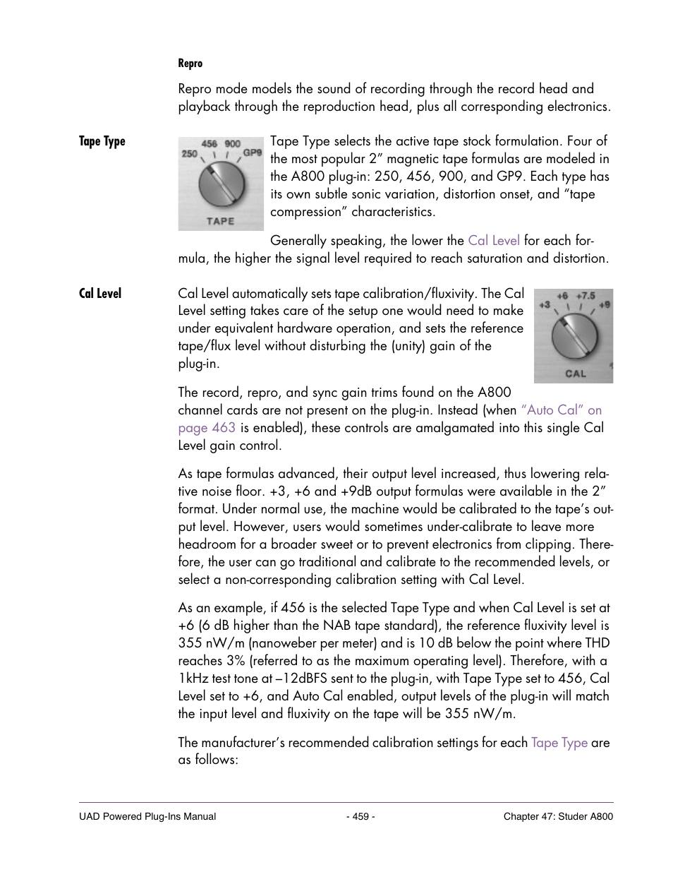 Tape type, Cal level | Universal Audio UAD Plug-Ins ver.7.5 User Manual | Page 459 / 512