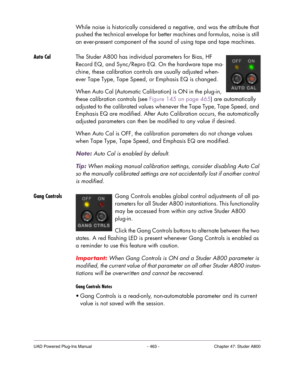 Auto cal, Gang controls, Nels. see | Auto cal” on | Universal Audio UAD Plug-Ins ver.7.5 User Manual | Page 463 / 512