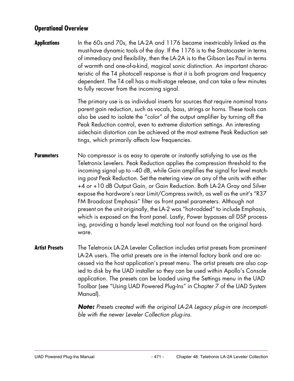 Operational overview, Applications, Parameters | Artist presets | Universal Audio UAD Plug-Ins ver.7.5 User Manual | Page 471 / 512