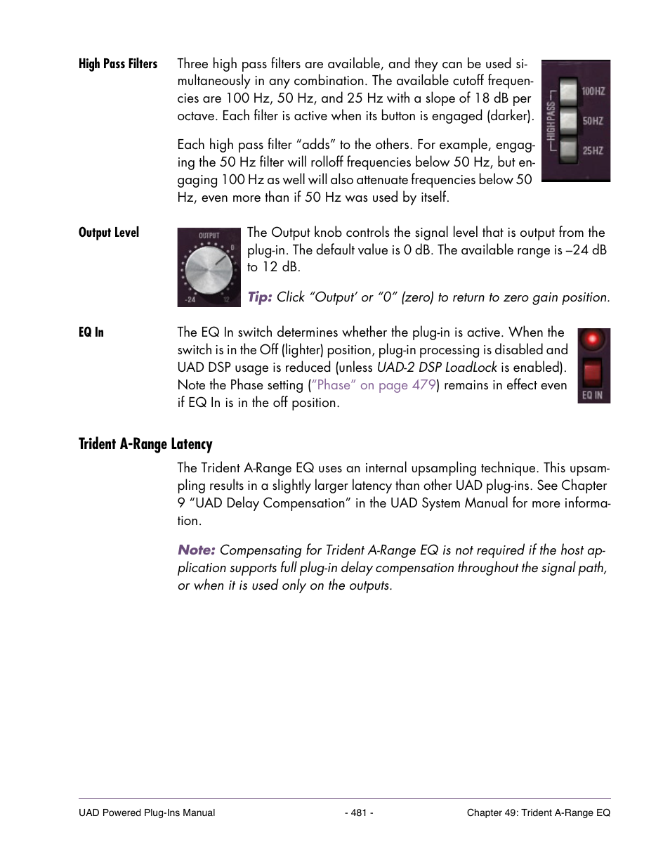 High pass filters, Output level, Eq in | Trident a-range latency | Universal Audio UAD Plug-Ins ver.7.5 User Manual | Page 481 / 512