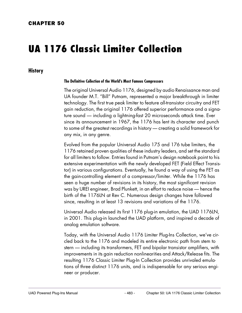 Ua 1176 classic limiter collection, History, Chapter 50. ua 1176 classic limiter collection | Universal Audio UAD Plug-Ins ver.7.5 User Manual | Page 483 / 512