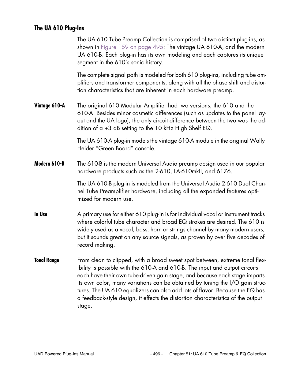 The ua 610 plug-ins, Vintage 610-a, Modern 610-b | In use, Tonal range | Universal Audio UAD Plug-Ins ver.7.5 User Manual | Page 496 / 512