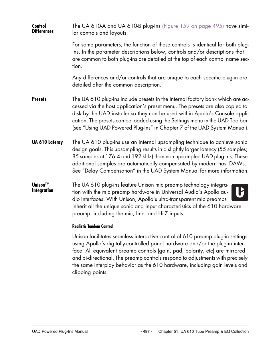 Control differences, Presets, Ua 610 latency | Unison ™ integration | Universal Audio UAD Plug-Ins ver.7.5 User Manual | Page 497 / 512