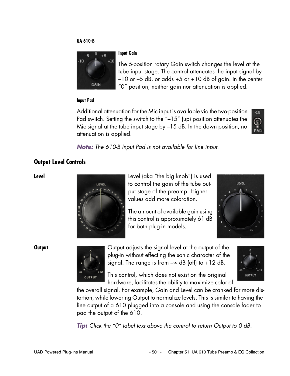 Output level controls, Level, Output | Universal Audio UAD Plug-Ins ver.7.5 User Manual | Page 501 / 512