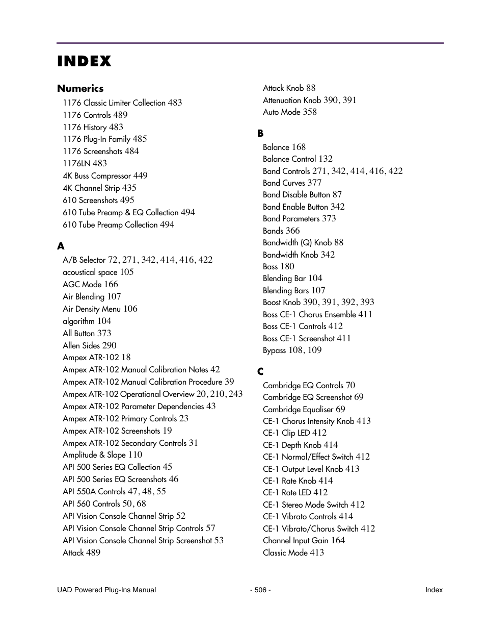 Numerics, Index | Universal Audio UAD Plug-Ins ver.7.5 User Manual | Page 506 / 512