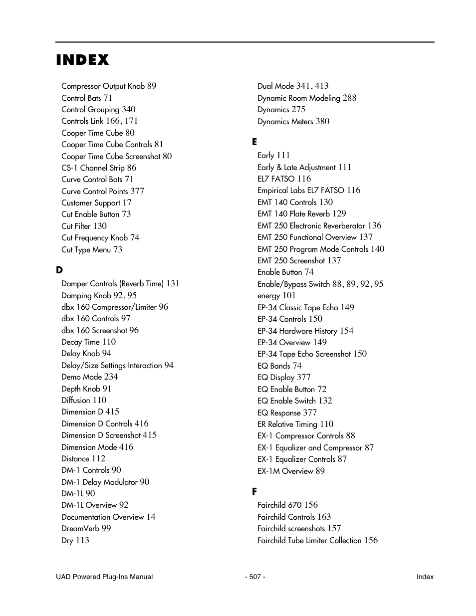 Index | Universal Audio UAD Plug-Ins ver.7.5 User Manual | Page 507 / 512