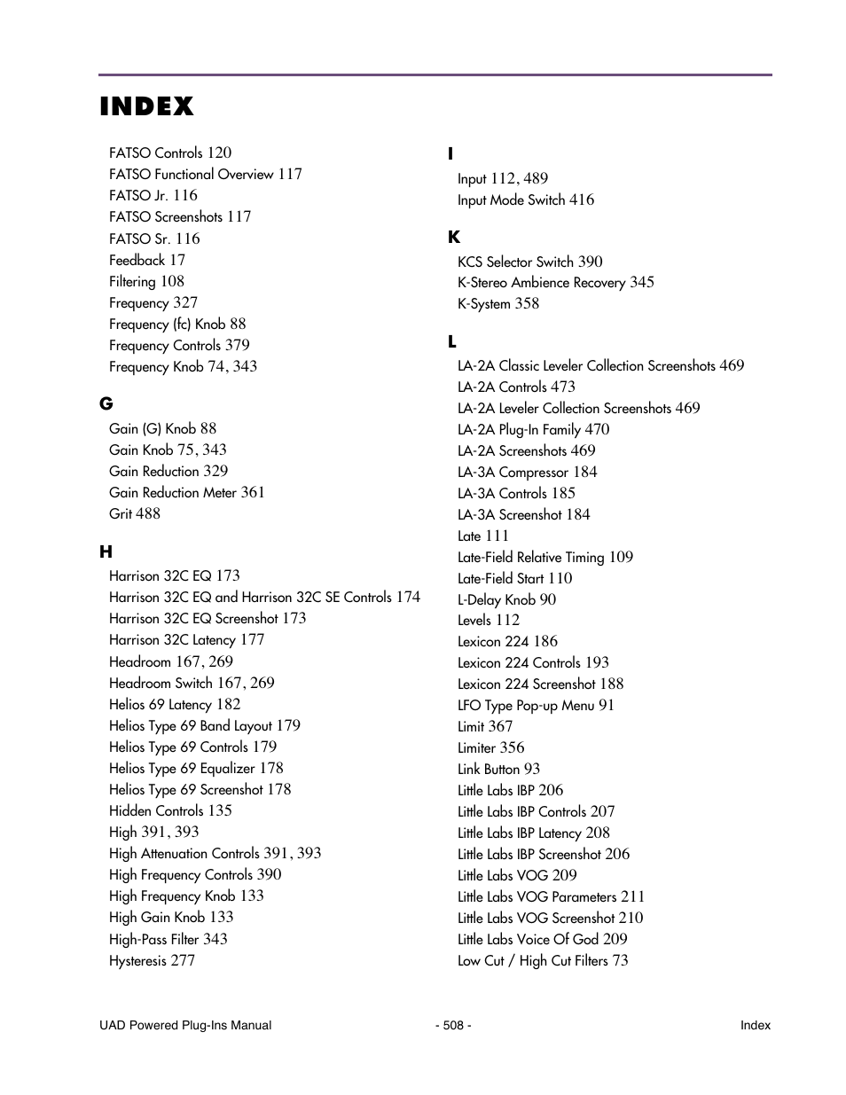 Index | Universal Audio UAD Plug-Ins ver.7.5 User Manual | Page 508 / 512