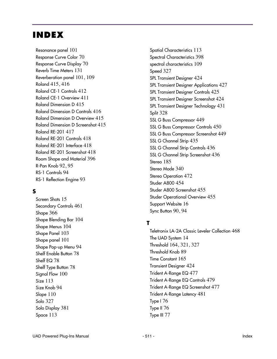 Index | Universal Audio UAD Plug-Ins ver.7.5 User Manual | Page 511 / 512