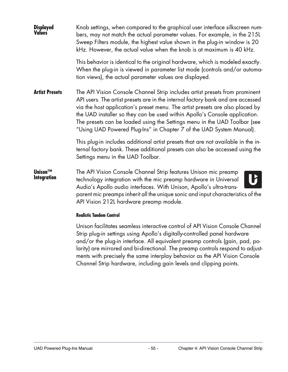 Displayed values, Artist presets, Unison ™ integration | Universal Audio UAD Plug-Ins ver.7.5 User Manual | Page 55 / 512