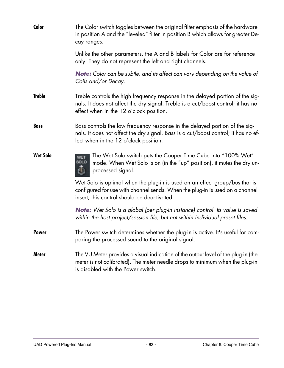 Color, Treble, Bass | Wet solo, Power, Meter | Universal Audio UAD Plug-Ins ver.7.5 User Manual | Page 83 / 512