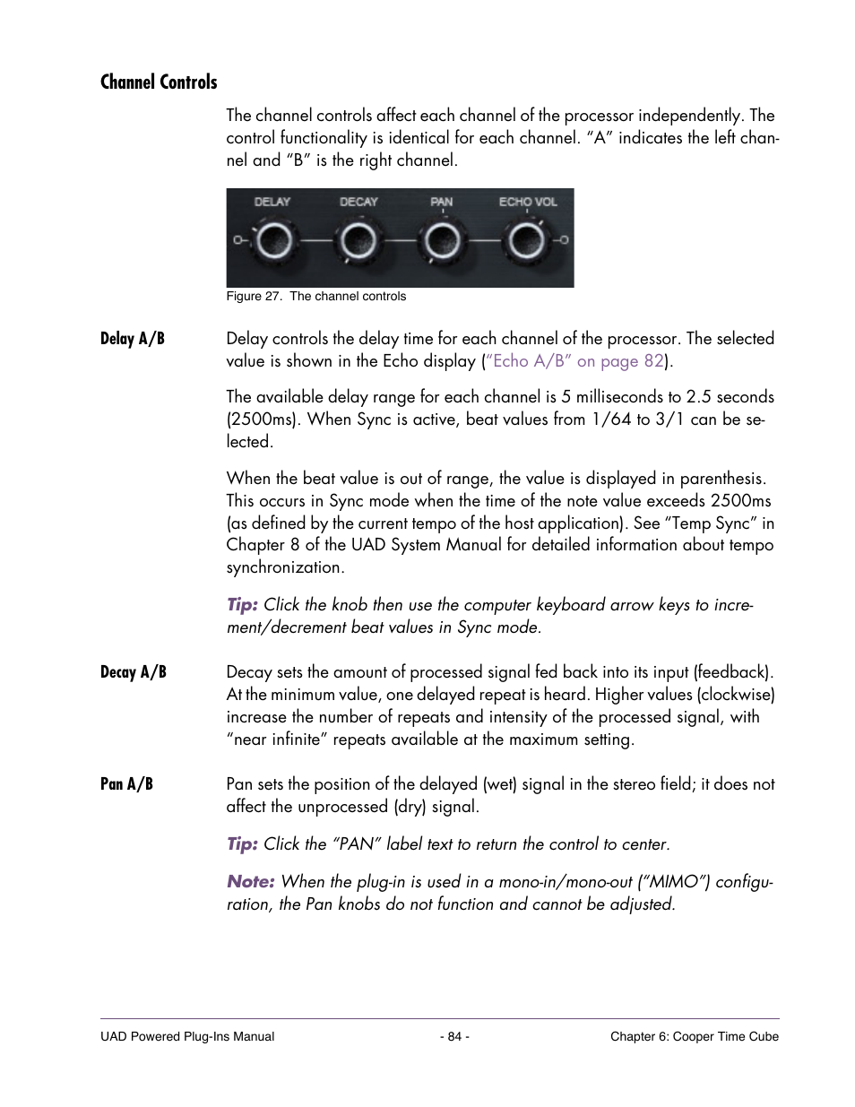 Channel controls, Delay a/b, Decay a/b | Pan a/b, Delay a/b” on | Universal Audio UAD Plug-Ins ver.7.5 User Manual | Page 84 / 512