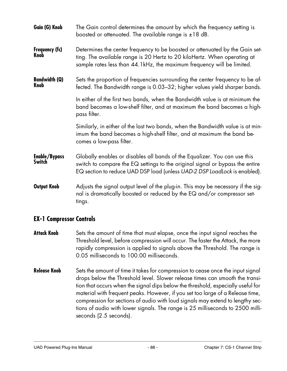 Gain (g) knob, Frequency (fc) knob, Bandwidth (q) knob | Enable/bypass switch, Output knob, Ex-1 compressor controls, Attack knob, Release knob | Universal Audio UAD Plug-Ins ver.7.5 User Manual | Page 88 / 512