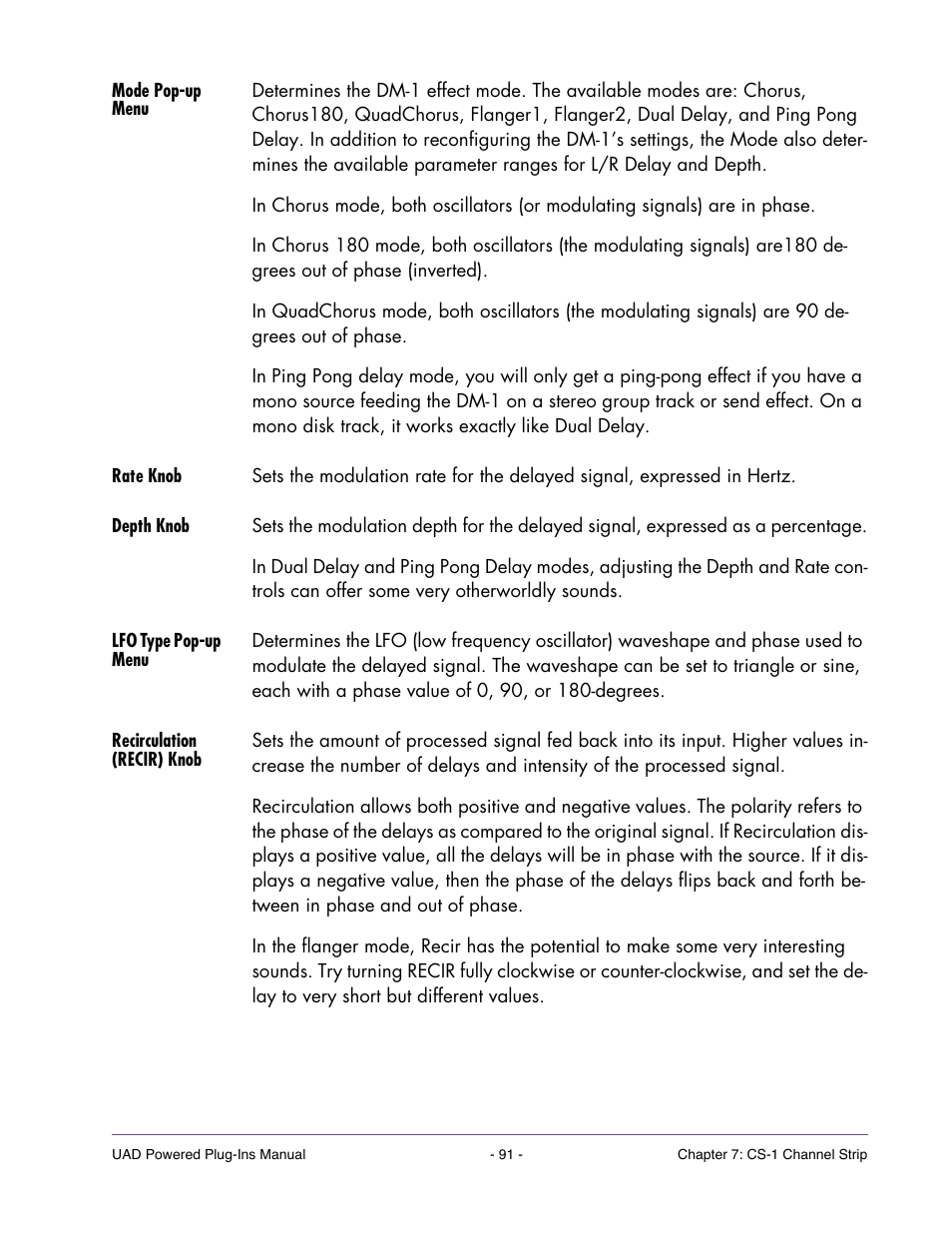 Mode pop-up menu, Rate knob, Depth knob | Lfo type pop-up menu, Recirculation (recir) knob | Universal Audio UAD Plug-Ins ver.7.5 User Manual | Page 91 / 512