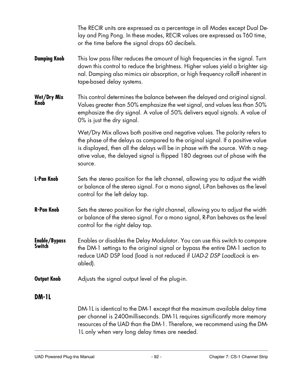 Damping knob, Wet/dry mix knob, L-pan knob | R-pan knob, Enable/bypass switch, Output knob, Dm-1l | Universal Audio UAD Plug-Ins ver.7.5 User Manual | Page 92 / 512