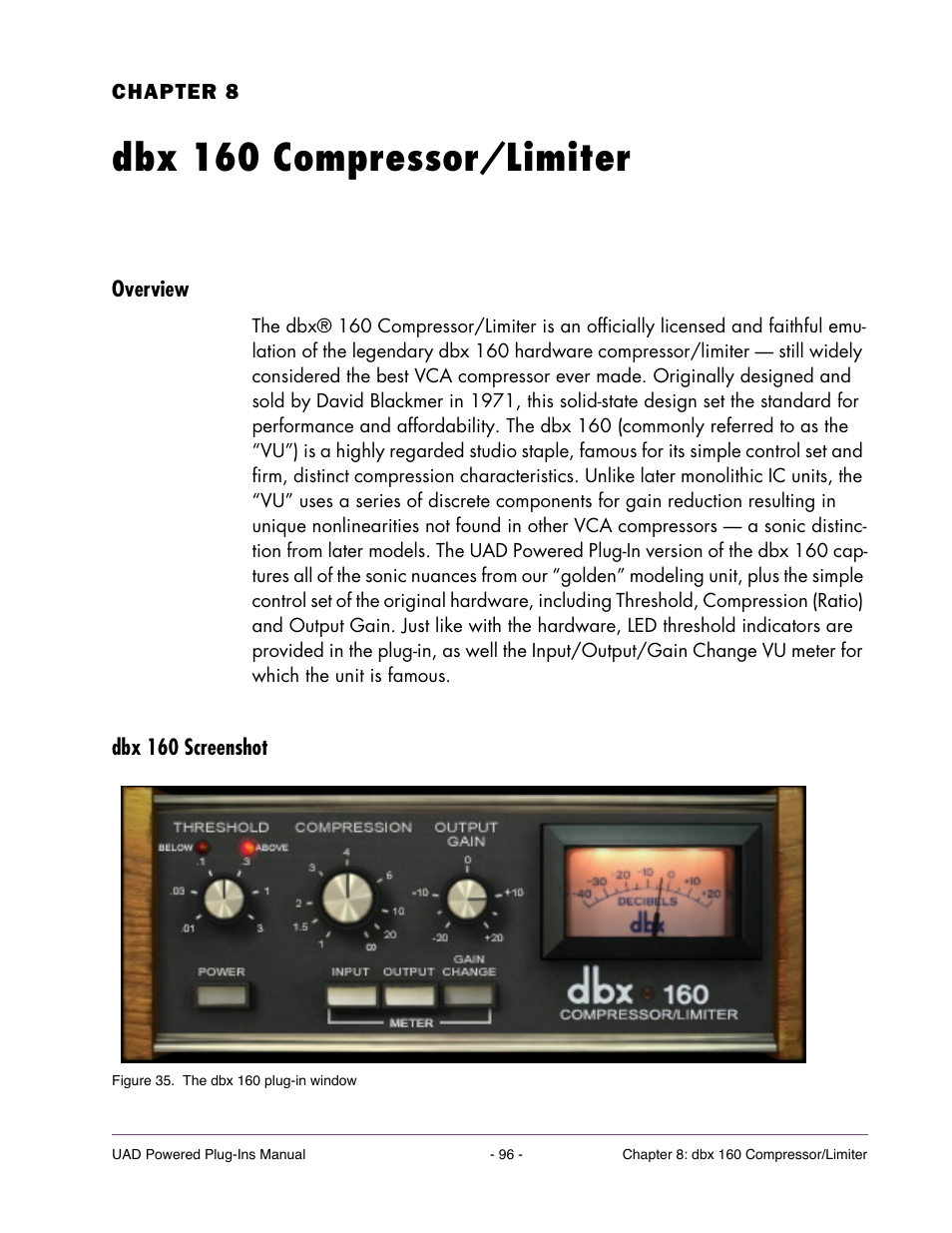 Dbx 160 compressor/limiter, Overview, Dbx 160 screenshot | Chapter 8. dbx 160 compressor/limiter | Universal Audio UAD Plug-Ins ver.7.5 User Manual | Page 96 / 512