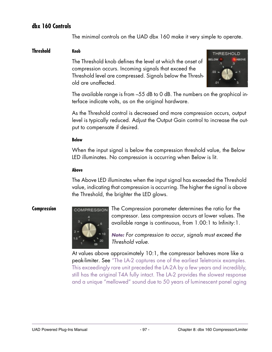 Dbx 160 controls, Threshold, Compression | Universal Audio UAD Plug-Ins ver.7.5 User Manual | Page 97 / 512