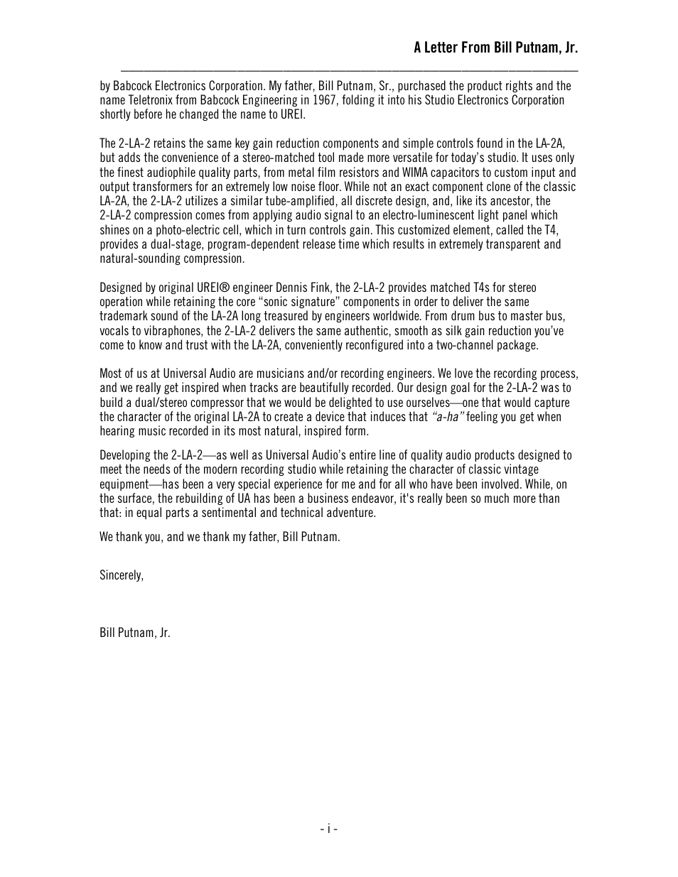 A letter from bill putnam, jr | Universal Audio 2-LA-2 Twin T4 User Manual | Page 3 / 35