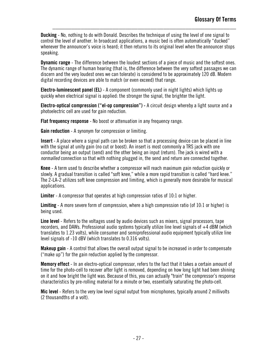 Glossary of terms | Universal Audio 2-LA-2 Twin T4 User Manual | Page 31 / 35