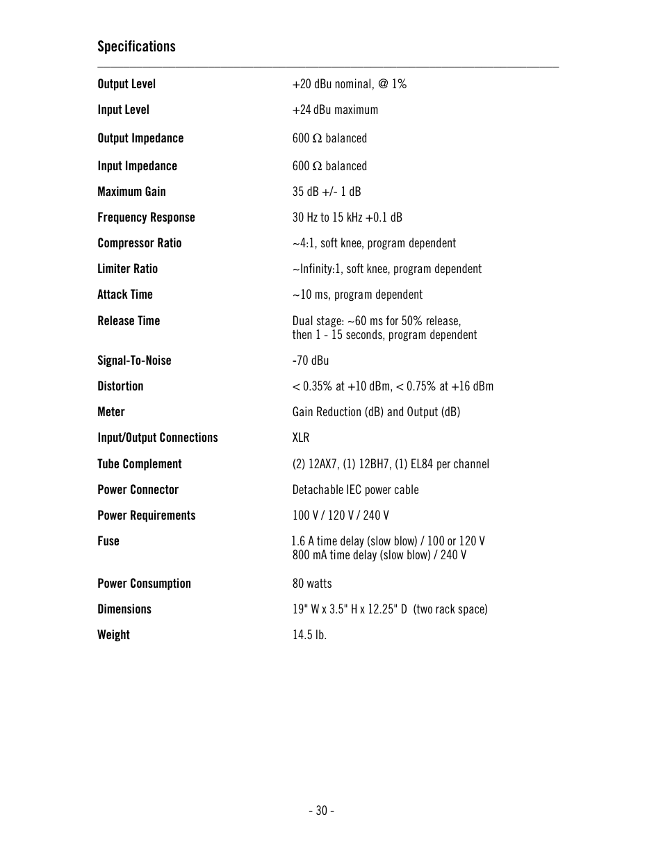 Specifications | Universal Audio 2-LA-2 Twin T4 User Manual | Page 34 / 35