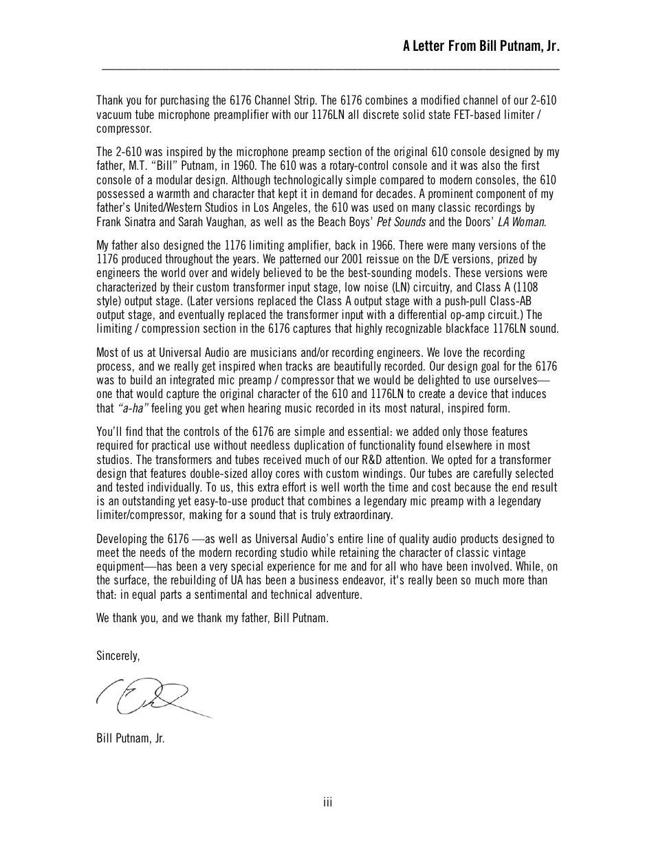 A letter from bill putnam, jr | Universal Audio 6176 Channel Strip User Manual | Page 3 / 46