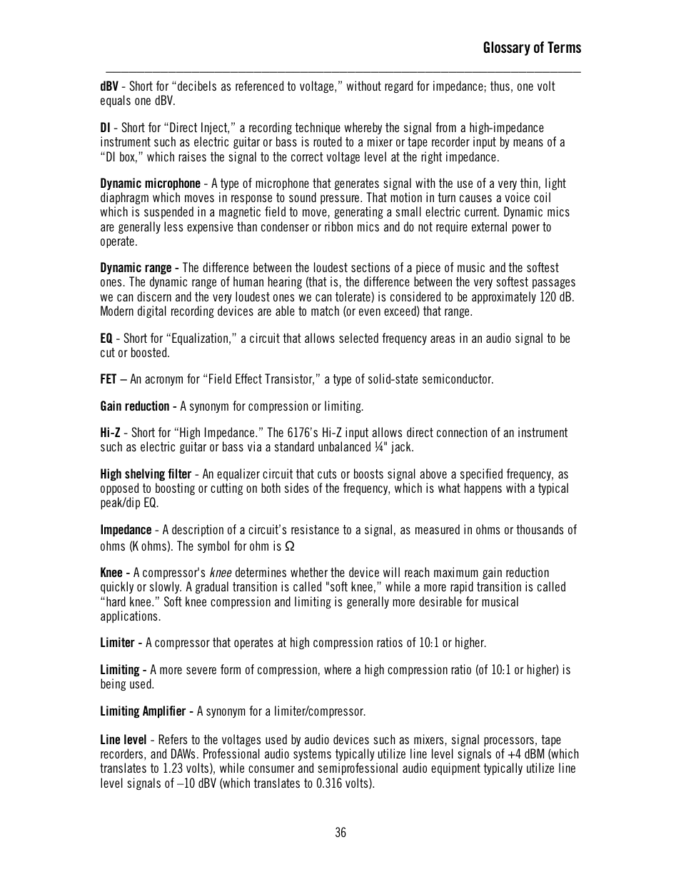Glossary of terms | Universal Audio 6176 Channel Strip User Manual | Page 41 / 46