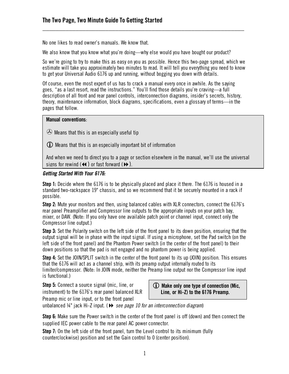 The two page, two minute guide to getting started | Universal Audio 6176 Channel Strip User Manual | Page 6 / 46